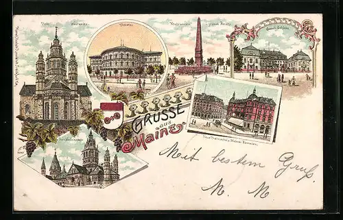 Lithographie Mainz, Dom, Neubrunnen, Gasthaus Neue Rheinische und Mainzer Bierhallen, Wappen