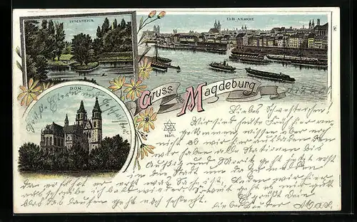 Lithographie Magdeburg, Dom, Dampfer auf der Elbe