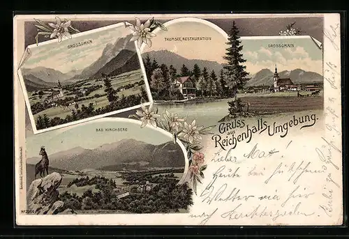 Lithographie Reichenhall, Thumsee & Restaurant, Grossgmain, Bad Kirchberg mit Gams