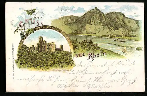 Lithographie Königswinter, Drachenfels, Schloss Stolzenfels