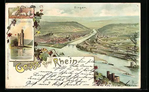 Lithographie Bingen / Rhein, Ortsansicht und Mäuseturm