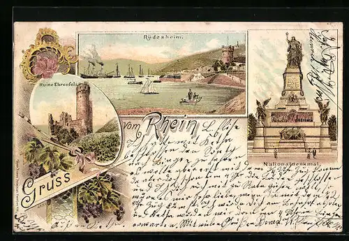 Lithographie Rüdesheim, Teilansicht, Nationaldenkmal, Ruine Ehrenfels
