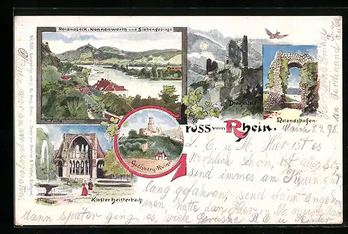 Lithographie Rolandseck, Kloster Heisterbach, Nonnenwerth u. Siebengebirge, Drachenfels, Rolandsbogen