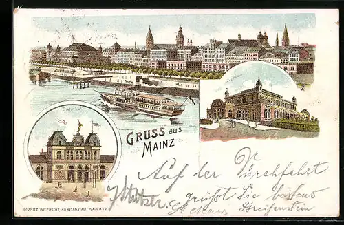 Lithographie Mainz, Ortsansicht, Bahnhof, Stadthalle