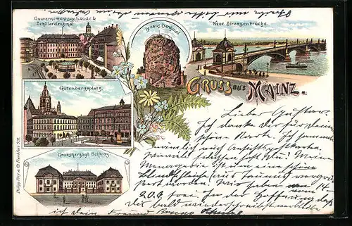 Lithographie Mainz, Drusus Denkmal, Neue Strassenbrücke, Gouvernementsgebäude u. Schillerdenkmal, Gutenbergsplatz