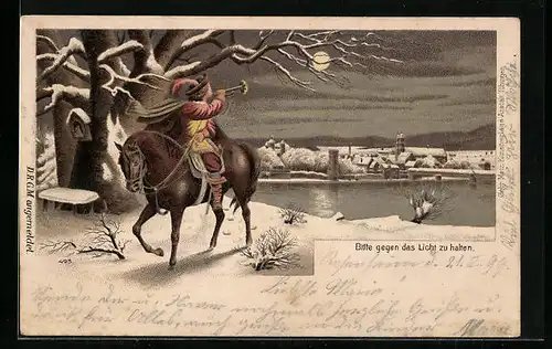 Lithographie Säckingen, Trompeter von Säckingen zu Pferde am Ufer bei Mondschein, Behüt Dich Gott!, Halt gegen das Licht