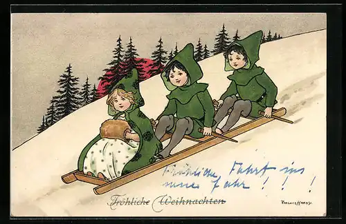 Künstler-AK Florence Hardy: Mädchen und zwei Jungen mit Schlitten, Weihnachtsgruss