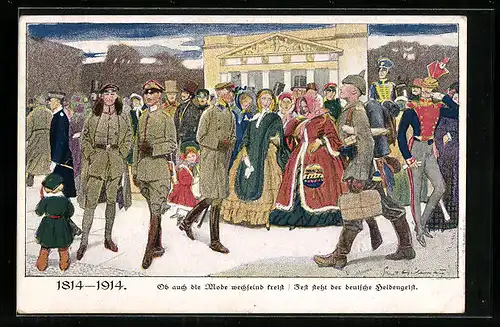 Künstler-AK Ernst Heilemann: Soldaten in Uniform auf der Strasse, 1814-1914