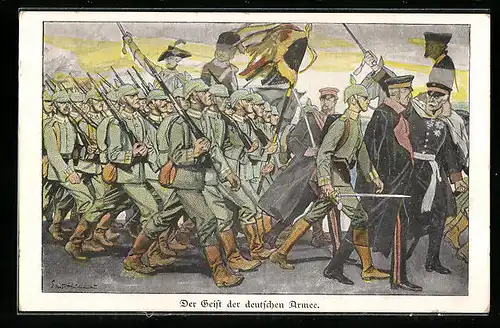 Künstler-AK Ernst Heilemann: Soldaten in Uniform mit Fahne