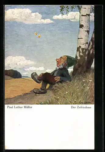 Künstler-AK Paul Lothar Müller: Der Zufriedene, Zwerg am Baum, Schmetterling