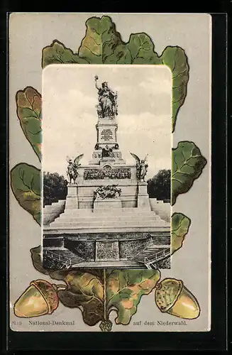 Passepartout-Lithographie National-Denkmal auf dem Niederwald, Eichenblatt
