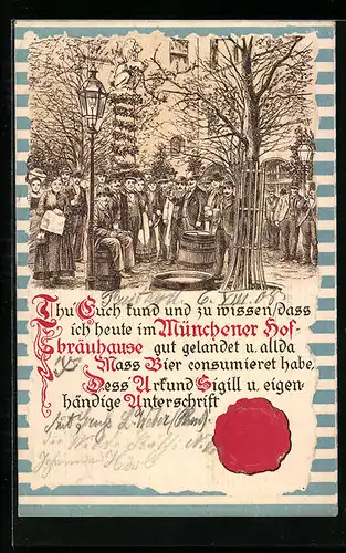 Lithographie Münchner Hofbräuhaus, Urkunde