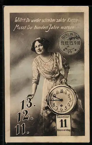 AK Frau mit Uhr am 11.12.13