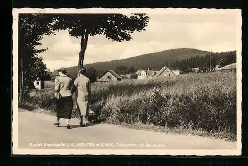 AK Vogelsgrün i. V., Teilansicht mit Spaziergängerinnen und Laubberg