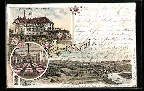 Lithographie Essen /Ruhr, Restaurant zum Ruhrstein, Inneres Saal, Panorama