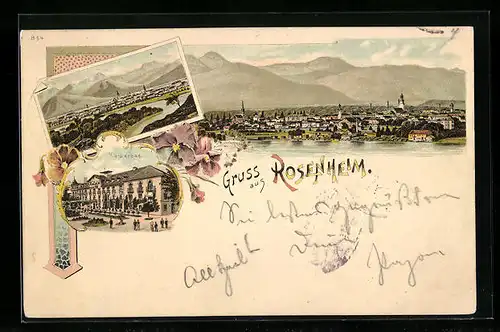 Lithographie Rosenheim, Teilansicht, Panorama, Kaiserbad