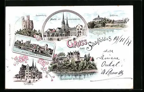 Lithographie Saalfeld a. S., Schloss, Rathaus, Sorbenburg