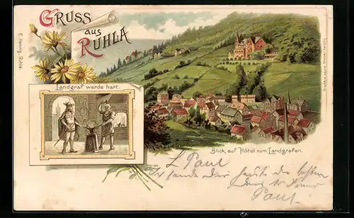 Lithographie Ruhla, Blick auf Hotel zum Landgrafen, Landgraf werde hart