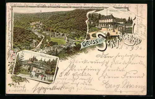 Lithographie Schlangenbad, Hotel Nassauer Hof, Oberes Kurhaus, Teilansicht