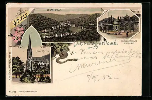 Lithographie Schlangenbad, Kurhaus mit Trinkhalle und Villa Wolf, Neue Kirche, Teilansicht