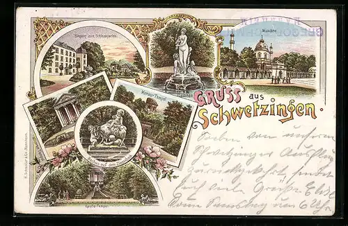 Lithographie Schwetzingen, Moschée, Mercur-Tempel, Apollo-Tempel