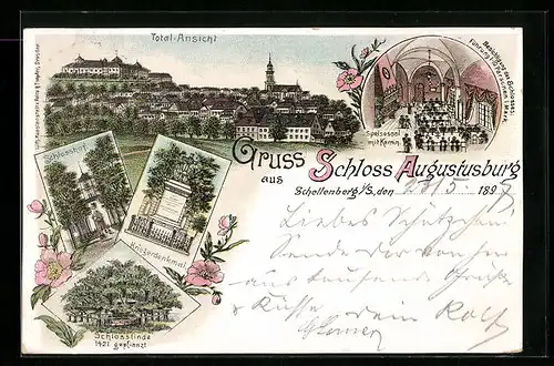 Lithographie Schellenberg i. S., Schloss Augustusburg, Inneres Speisesaal mit Kamin, Schlosshof