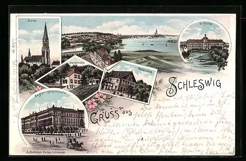 Lithographie Schleswig, Regierungsgebäude, Stampfmühle, Waldmühle