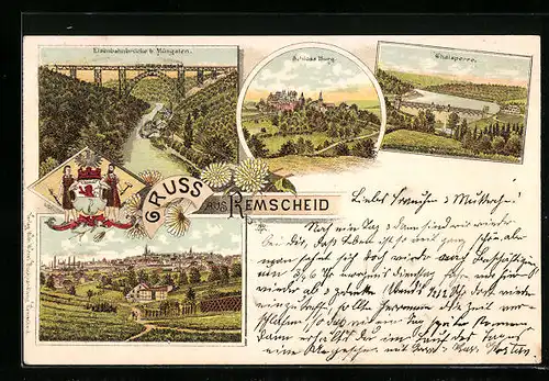 Lithographie Remscheid, Thalsperre, Schloss Burg, Eisenbahnbrücke b. Müngsten