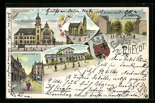 Lithographie Rheydt, Rathaus, Neue Post, Berg. Merk. Bahnhof