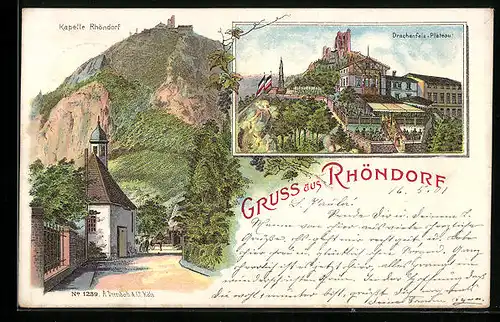 Lithographie Rhöndorf, Kapelle Rhöndorf, Drachenfels-Plateau