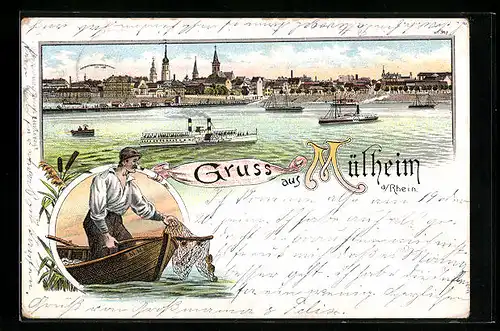 Lithographie Mülheim a. Rhein, Uferpartie mit Dampfern, Fischer im Boot