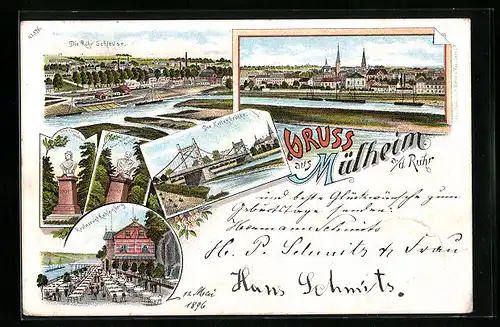 Lithographie Mülheim a. d. Ruhr, Restaurant Kahlenberg, Ruhr-Schleuse, Kettenbrücke