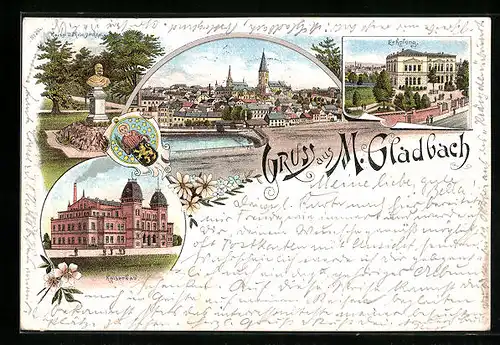Lithographie M.-Gladbach, Hotel Erholung, Kaiserbad, Kaiser Wilhelm-Denkmal