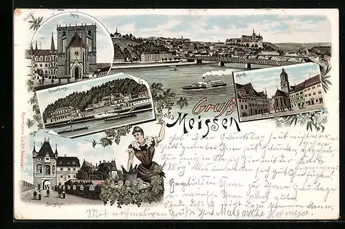 Lithographie Meissen, Dom, Geipelburg, Markt