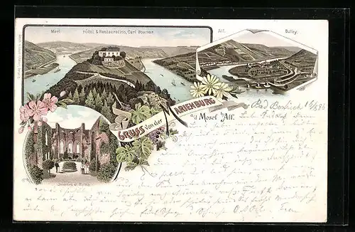 Lithographie Marienburg a. d. Mosel, Hotel & Restaurant Carl Boemer und Merl, Inners der Ruine, Alf und Bullay