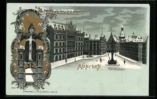 Winter-Lithographie München, Marienplatz mit Denkmal, Münchner Kindl an der Frauenkirche