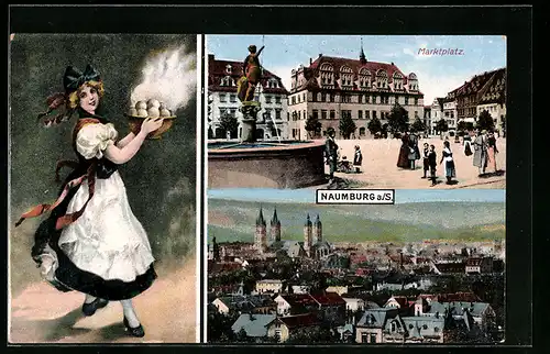 AK Naumburg a. S., Teilansicht, Marktplatz mit Brunnen, Frau mit Knödeln