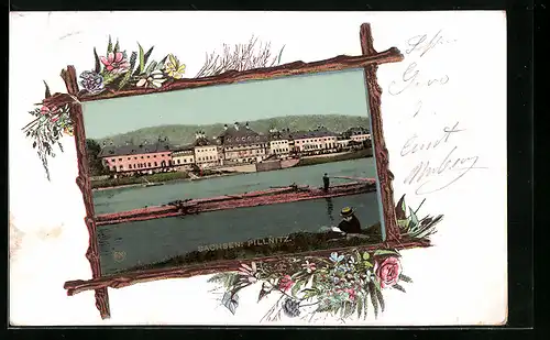AK Dresden-Pillnitz, Uferpartie mit Fähre, Passepartout