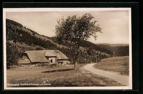 AK Blasiwald bei Schluchsee, Gasthaus-Pension zur Sonne mit Strassenpartie