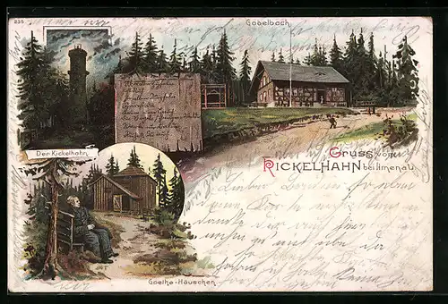 Lithographie Ilmenau, Gasthaus Gabelbach auf dem Kickelhahn, Der Kickelhahn bei Nacht, Goethe-Hauschen