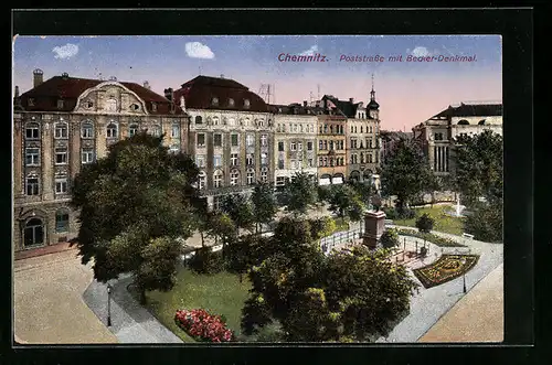 AK Chemnitz, Poststrasse mit Becker-Denkmal