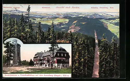 AK Wildenthal, Aussichtsturm u. Unterkunftshaus auf dem Auersberg, Aussicht nach Norden