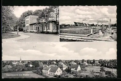 AK Rahden i. W., Bahnhofsplatz, Freibad, Gesamtansicht