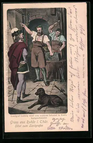 Künstler-AK Ruhla /Thür., Hotel zum Landgrafen, Waffenschmiede bei der Arbeit