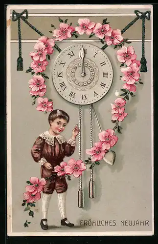 AK Junge mit Blütenkranz und Uhr zu Mitternacht