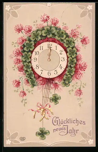AK Uhr mit Blumen und Kleeblättern zu Neujahr