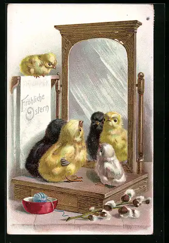 AK Osterküken sitzen vor dem Spiegel, Ostergruss