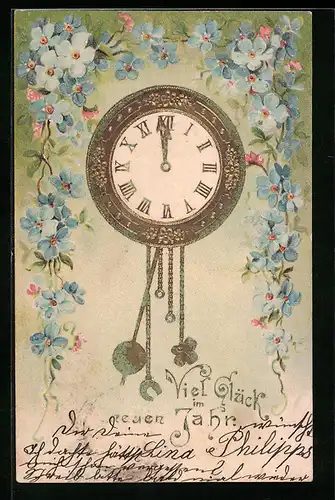 AK Goldene Uhr schlägt Mitternacht, Glückliches Neujahr