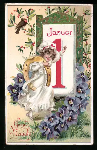 AK Glückwünsche zum Neuen Jahre, Kind mit Hufeisen und Kalender