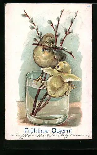 AK Fröhliche Ostern!, Osterküken mit Weidenkätzchen